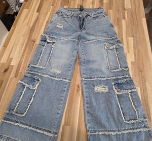 Hot Topic Light Blue Distressed Wide-Leg Cargo Jeans